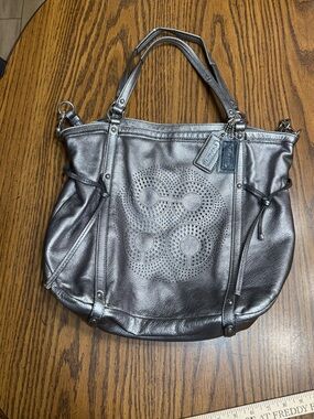 Coach Audrey Gunmetal Silver Leather Signature Cinched Tote Bag F19567